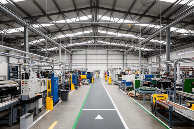 Wide manufacturing floor with steel roof trusses, marked pedestrian aisles and production equipment arranged for active operations