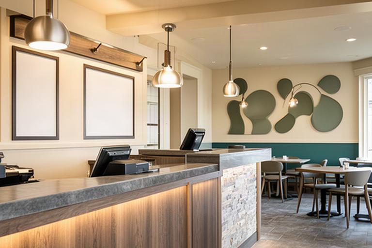 Hospitality service counter beside a finished guest area with coordinated lighting and hard-wearing surfaces