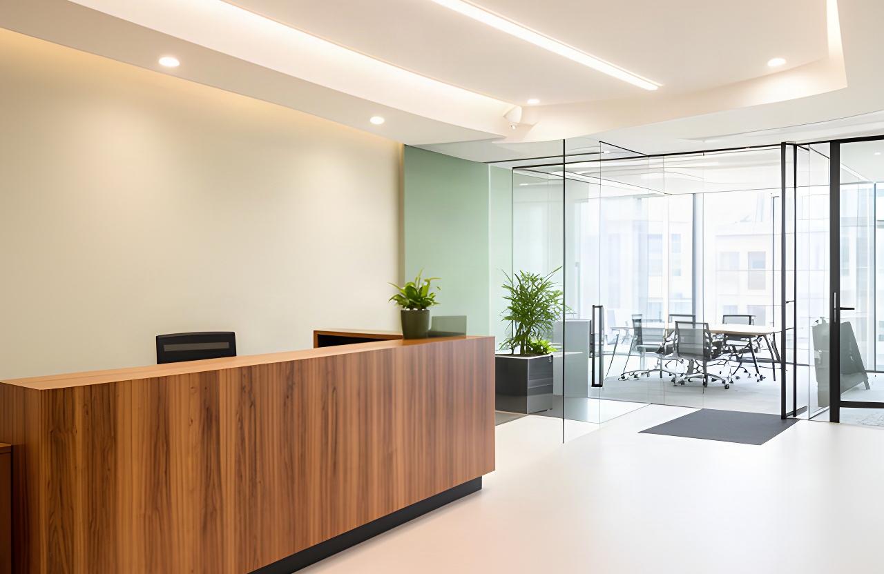 Bright professional office reception with a timber desk, glass meeting-room walls and a clear accessible approach