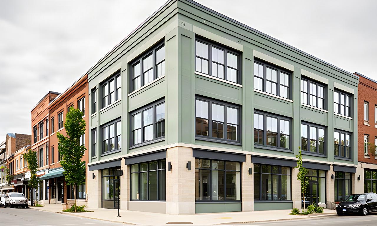 Repositioned commercial building in downtown Niagara with refreshed street-level storefronts and upper-floor windows